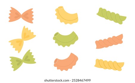 Conjunto de várias massas italianas coloridas. Diferentes tipos de massa. Colorido farfalle, creste di galli, fusilli. Cozinha tradicional da Itália. Ilustração vetorial, estilo plano.