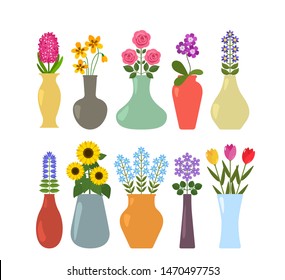 Set of colored vases with blooming flowers for interior design. Abstract and real flowers in flowerpots. flat vector illustration isolated on white background