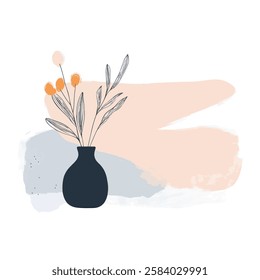 Set of colored vases with blooming flowers for decor and interior. Vector illustration of aesthetic wild flowers.