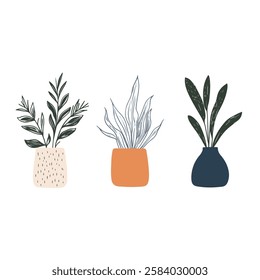 Set of colored vases with blooming flowers for decor and interior. Vector illustration of aesthetic wild flowers.