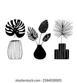 Set of colored vases with blooming flowers for decor and interior. Vector illustration of aesthetic wild flowers.