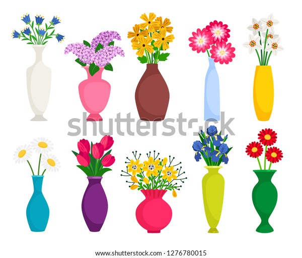 Set Colored Vases Blooming Flowers Decoration Stock Vector