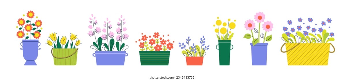 Set of colored vases, flowerpots, buskets with blooming abstract flowers