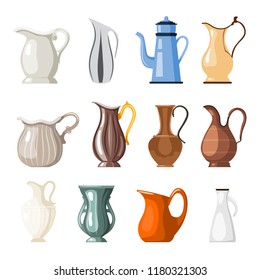 Set of colored vases and jugs in cartoon style on a white background collection of  vessels for vector illustration
