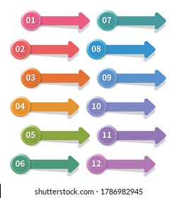 Set of colored vector banners with arrows, shadows, steps 1 to 12, set