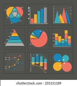 Set Of Colored Vector Business Graphs In Various Designs Showing A Pyramid, Pie Chart, Bar Graph, Overlapping Circles, Dots And Interlocked Depicting Statistics, Analysis, Performance, And Projections