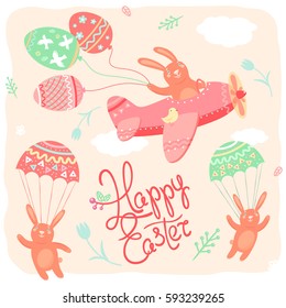 Set of colored vector cartoon Easter rabbits, fly on an airplane and parachute, keep eggs in the form of balloons, isolated against background of clouds, flowers and plants.