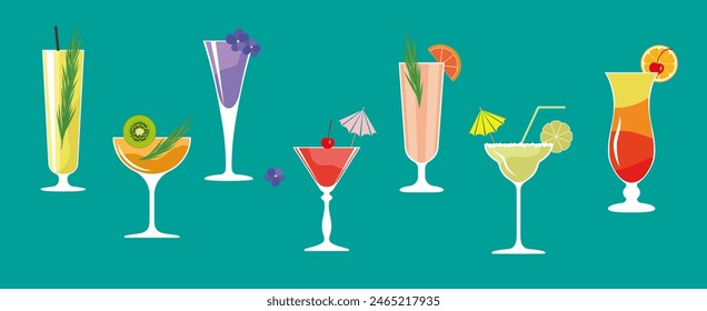 Set of colored vector cocktail icons - Margarita, Cosmopolitan, Tequila Sunrise, etc.