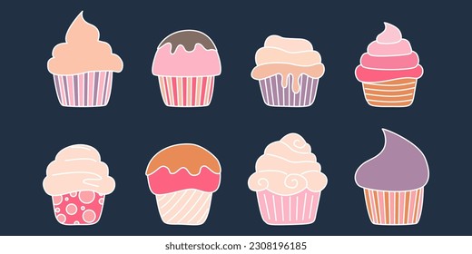 Juego de quequitos vectoriales de colores. Postre dulce