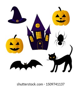 Set of colored vector drawings for Halloween. House pumpkin spider bat hat.