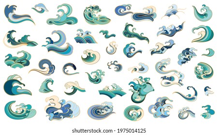 Set of colored vector elements with sea waves to create your design. Oriental style, hand drawing.