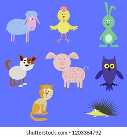 Set of colored vector funny animal pictures. Cat, dog, sheep, rabbit, owl, chicken, hedgehog in flat