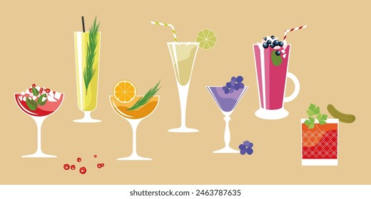 Set of colored vector icons of cocktails - with rum, rosemary, lingonberry, blackcurrant, lime, citrus, parsley.