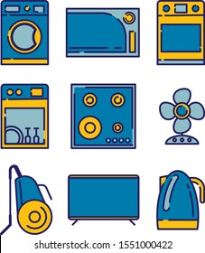 Set of colored vector icons of household appliances. Washing machine, dishwasher, vacuum cleaner, fan, TV, hob and oven icons. Outline illustration. Isolate. 