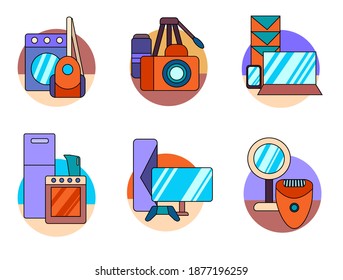 set of colored vector icons of household appliances isolated on a white background.