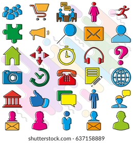 Set of colored vector icons with shifted fill on the theme of connection and communication.