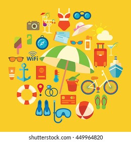 Set of colored vector icons and symbols on the summer beach holidays and travel