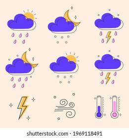 Set of colored vector icons of weather and meteorology. Seasonal weather forecast, weather report. Forecast of the state of the atmosphere.