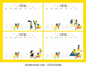 Set of colored vector illustration 2019 calendar. Happy young guy and girl rejoicing together.