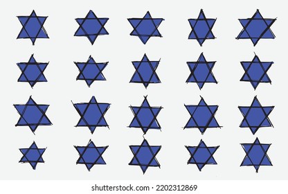 Set of Colored Vector illustration of hand drawn doodle David Stars Symbol pattern sketch by using ballpoint to draw, scribble art