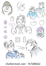 A set of colored, vector illustrations of the common cold, cough, protection against colds, flu. Icons on a medical theme.