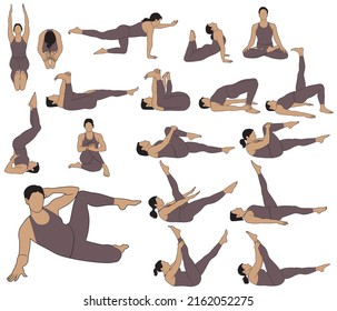 Set of colored vector illustrations of girl in costume doing yoga and fitness exercises. Silhouettes of slim woman in different fitness poses. Yoga icons for healthy life concept.