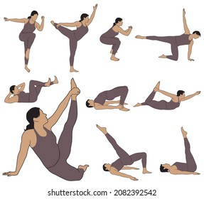 Set of colored vector illustrations of woma in costume doing fitness and yoga exercises.  Silhouettes of girl stretching her body in different yoga poses isolated on white background.