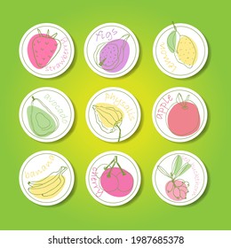 Set of colored vector labels fruits. Doodle illustration bananas, dates, pear, apple, lemon, lime, avocado, strawberry, cherry, physalis.