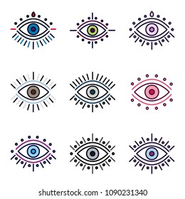 Set of colored vector line eyes illustration. Tatto boho eyes stickers on white background.