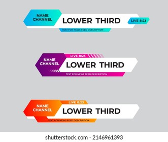 set of colored vector lower thirds for news titles and credits, channel name and time. Illustration for video and television with round and diagonal elements