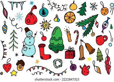 Set of colored vector New Year's drawings on a transparent background. Elements for Christmas decor - cards, wrappers, patterns. Festive theme, naive style.