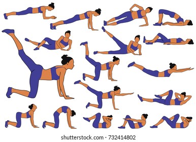 Set of colored vector silhouettes of woman practicing fitness exercises down on the floor in horizontal position. Slim girl doing sport workout.