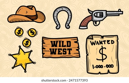 Set of colored vector wild west doodles. Very suitable for completing designs in the desert, printing needs, and so on.
