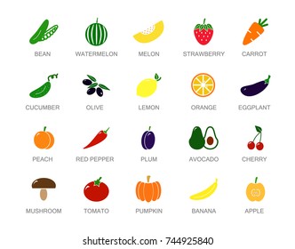 Set of colored vegetable and fruit icons with titles. Carrot, tomato, pepper, eggplant, apple, cucumber, cabbage, strawberry, cherry, lemon, orange, pea, melon, watermelon, pumpkin, avocado, banana.