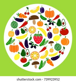 Set of colored vegetable icons. Circle with tomato, eggplant, apple, lemon, cucumber, strawberry and more.