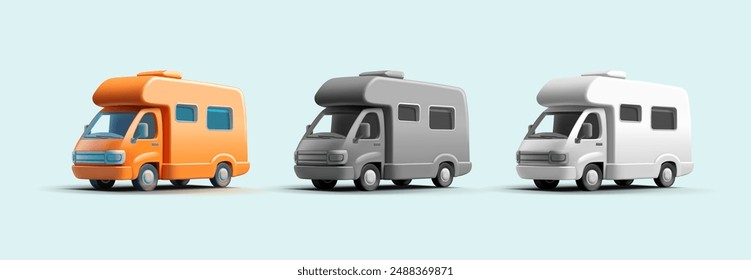 Un juego de camper de vehículos de colores, 3D. Casa de coches realista. Para conceptos de viaje cómodo, Ocio al aire libre y camper. Vector