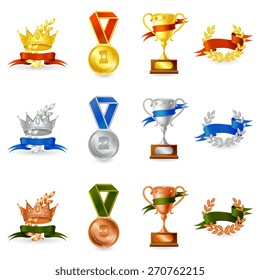 Set of colored victory awards and prize medals isolated vector illustration