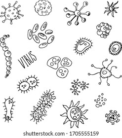 set of colored viruses and bacteria on white