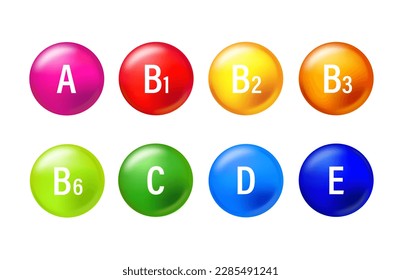 Set of colored vitamin. Vitamin A, B1, B2, B3, B4, C, D, E. Multivitamins capsules isolated on blue background.