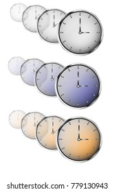 Set of colored watches, time icons. Clock face without numbers. Vector illustration.