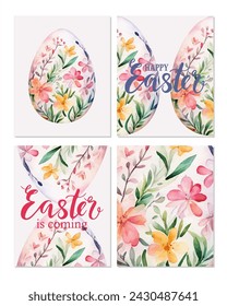 Set of colored waterc olor Easter eggs with flowers on pink background.  Easter greeting cards, vector illustration, wallpaper, print