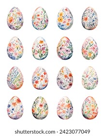 Set of colored watercolor Easter eggs with flowers. Vector illustration