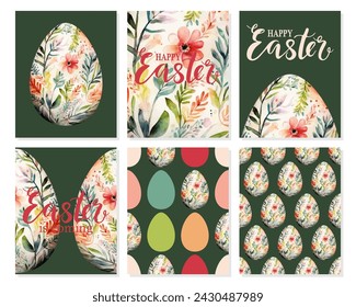 Set of colored watercolor Easter eggs with flowers on green background.  Easter seamless pattern, greeting cards, vector illustration.  Texture for fabric, wrapping, wallpaper, print