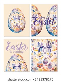 Set of colored watercolor Easter eggs with flowers on pink background.  Easter  greeting cards, vector illustration , wallpaper, print