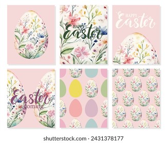 Conjunto de acuarela de colores huevos de Pascua con flores sobre fondo rosa.  Patrón sin fisuras de Pascua, tarjetas de felicitación, ilustración vectorial.  Textura para tela, envoltura, papel pintado, impresión