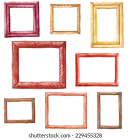 Set of colored watercolor frames with wood texture.