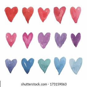 set of colored watercolor hearts