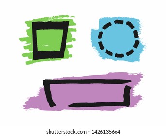 Set of colored watercolor textures with frames. Collection of isolated grunge templates. Sketch, brush, paint. Vector illustration. Green, blue, purple, black.
