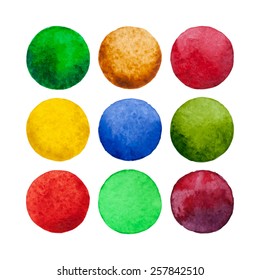 Set of colored watercolor vector circles. Watercolor design elements isolated on white background.