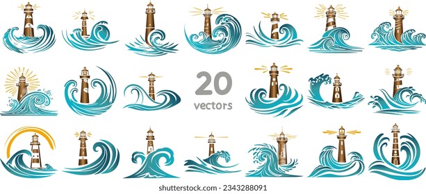 set of colored wave silhouettes around the lighthouse vector images icons and logos